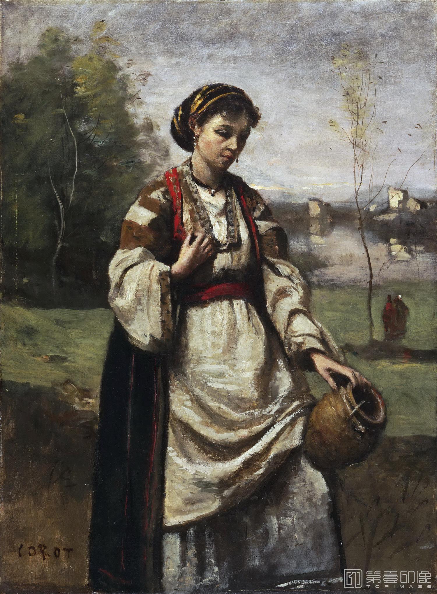 油画-美国费城美术馆藏画-Jean-Baptiste-Camille Corot, French, 1796-1875Gypsy Girl at a Fountain-332